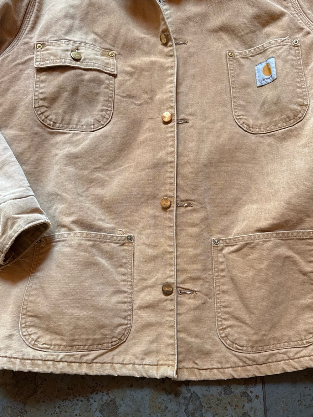 Vintage distressed Carhartt men’s  Tan Utility Jacket with Brown Corduroy Collar - Picture 3 of 8